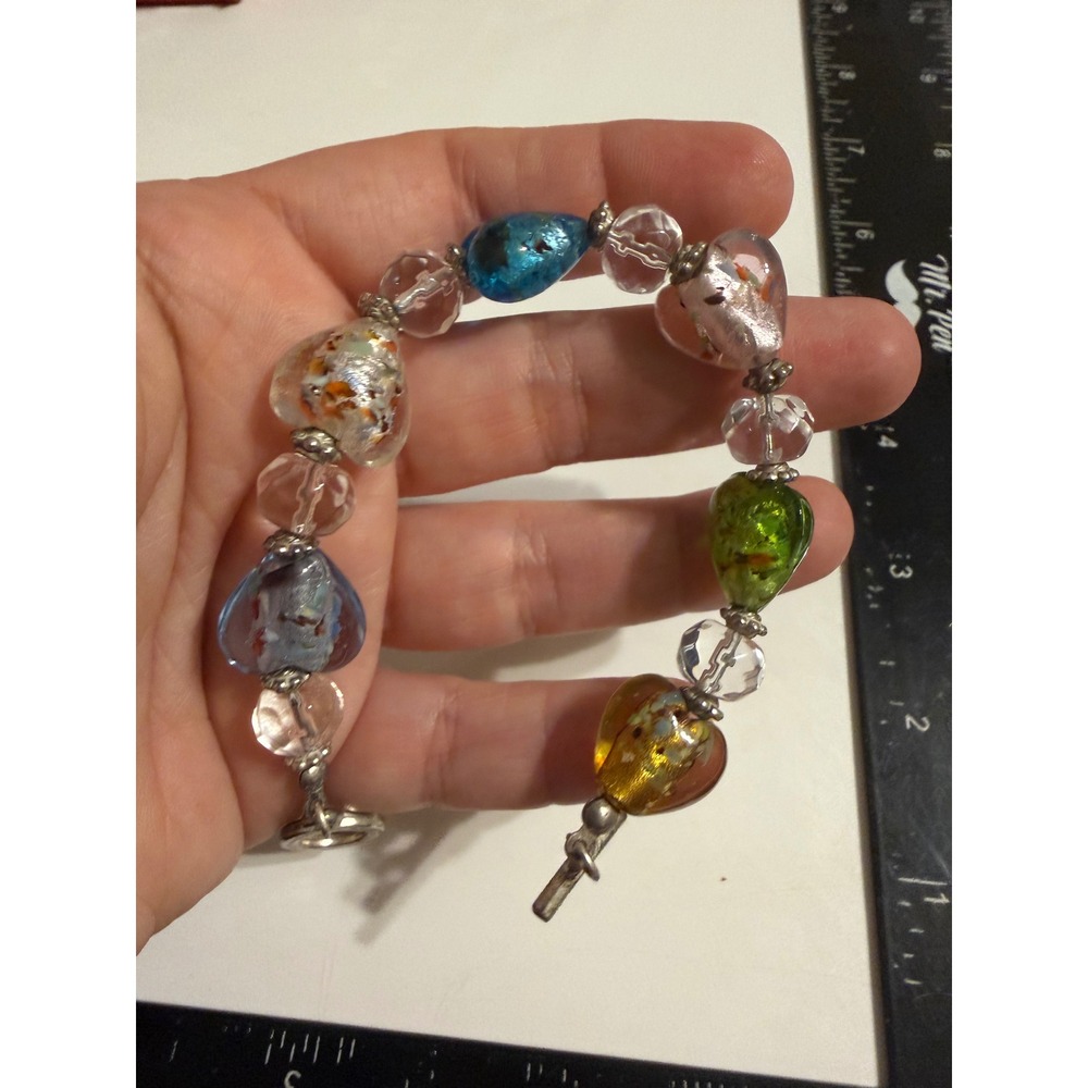 Murano Style Art Glass Heart Bead Bracelet Multi Color Silver Tone Toggle 8in